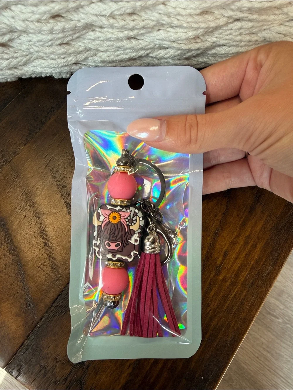 Pink Cow Bead Tassel Keychain - Women Accessories